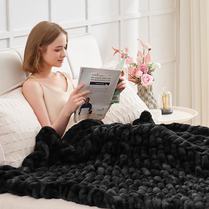 Ultra Soft Luxury Faux Fur Twin Blanket for Counch,Fuzzy Fluffy Plush Warm Cozy Elegant Wrinkled Blanket for Sofa Bedroom Living Room,（60"x80",Tie-dye Black）-Ruum Studio Home