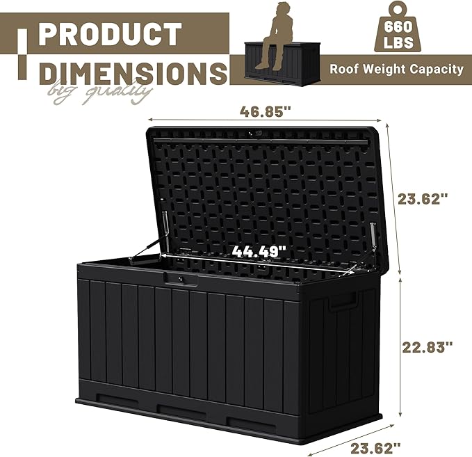 JUMMICO 90 Gallon Waterproof Resin Deck Box, Double Wall Outdoor Storage Box with Lockable Lid for Garden Tools, Patio Cushions, Pools (Black)-Ruum Studio Home
