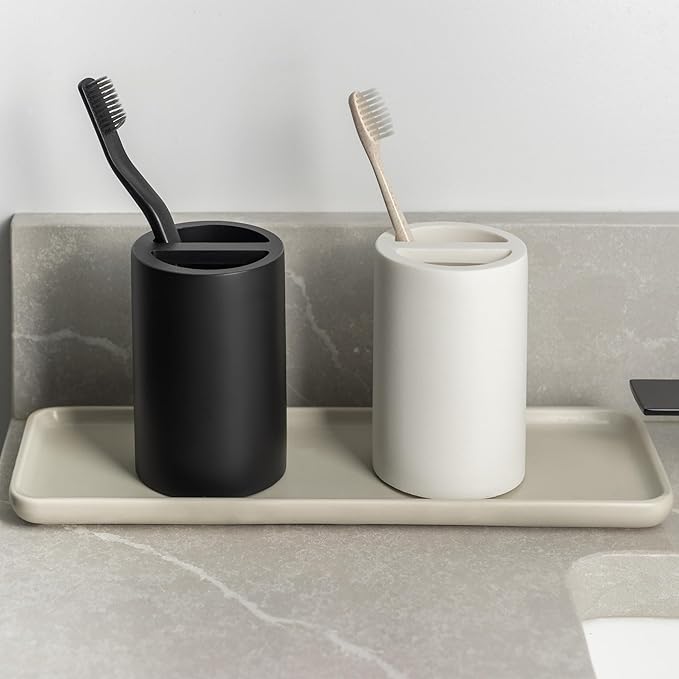 Matte Black Toothbrush Holder for Bathrooms – Modern Resin Countertop Organizer with Slots, Compact Toothbrush and Toothpaste Storage for Vanity, Hotel, Airbnb (Black)-Ruum Studio Home