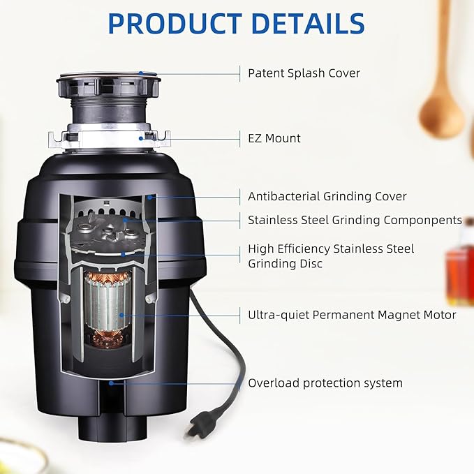 Powerful 1HP Stainless Steel Garbage Disposer, Dishwasher-Friendly and Continuous Feeding Waste Disposer, Grinding Material Four-Stage Grinding, Black-Ruum Studio Home