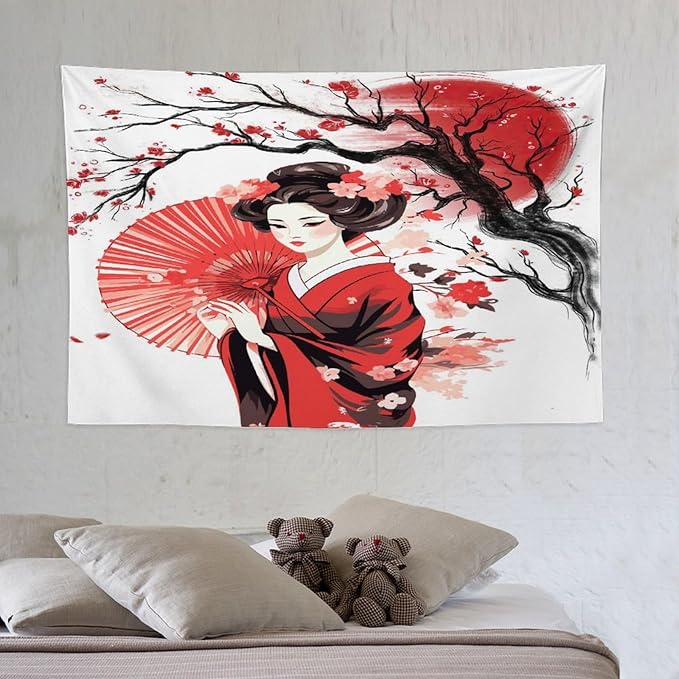 Japanese Red Geisha Tapestry Asian Cherry Blossom Traditional Kimono Folk Tapestries Home Decor for Living Room Bedroom Apartment Farmhouse Dorm 60"x40"-Ruum Studio Home