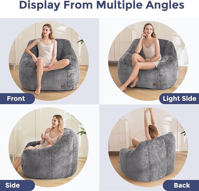 MAXYOYO Bean Bag Chair, Comfy Bean Bag Sofa with Back Support, Faux Fur Bean Bag Chair for Adults and Kids, Stuffed Floor Sofa for Living Room, Bedroom, Apartment, Grey-Ruum Studio Home