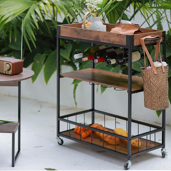 Bar Cart Serving Wine 3 Tier Home Rolling Rack with Wheels Mobile Kitchen Industrial Vintage Style Wood Metal Serving Trolley Serving Cart,Glass Holder Bar Cabinet-Ruum Studio Home