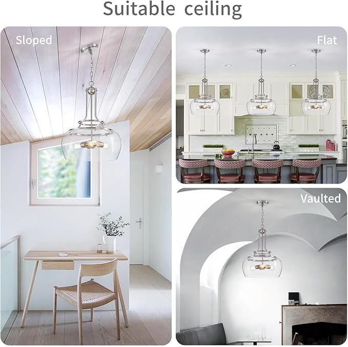 WUZUPS Chandelier Rustic Farmhouse Industrial Round Ceiling Pendant LED Light Fixture Clear Seeded Glass Shade for Dining Room Kitchen Island Foyer Entryway, H 20.9" x W 15.9", Brushed Nickel-Ruum Studio Home