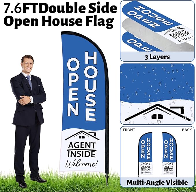 44 Pcs Open House Signs for Real Estate Agent Supplies, Double Sided Open House Flag Kit for Outside, 7.6 x 5.4 Ft Blue Banner Flag Poles Set with Directional Arrows Yard Sign Stakes Balloons-Ruum Studio Home