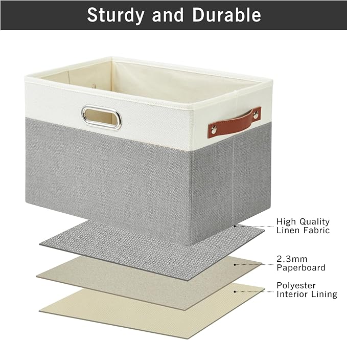 Large Collapsible Fabric Storage Bins with 3 Handles, Foldable Organizer Baskets for Closet, Shelves, Living Room | 3 Pack, Durable PU & Metal Handles (14.9"x9.8"x9.8", Gray & White)-Ruum Studio Home