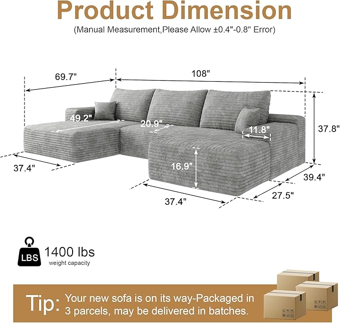 108" Sectional Couches for Living Room Modern Modular Sofa with L-Shape Couchs Upholstered Boneless Couch Deep Seat Sectional Couch with Chaise (Grey, Left Facing Chaise+2Seaters+1Ottoman)-Ruum Studio Home