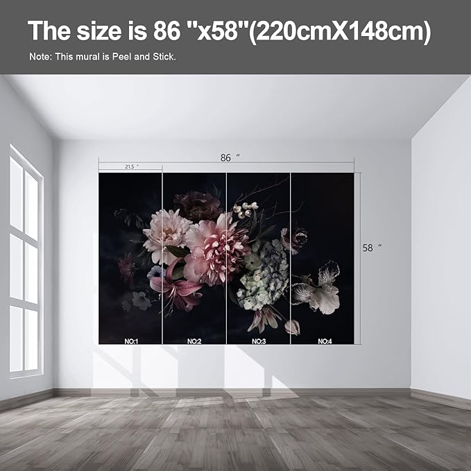 Black Floral Wall murals Peel and Stick Flowers Wallpaper for Bedroom Living Room - 58"x86"-Ruum Studio Home