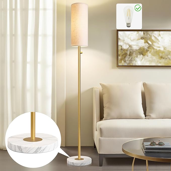 Dimmable Gold Floor Lamp for Living Room,Modern Standing Lamp with Marble Base,LED Bulb Included,Floor Lamps for Bedroom, Living Room,Office,Reading and Nursery(Gold Floor Lamp)-Ruum Studio Home