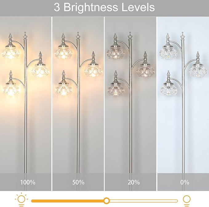 Brushed Nickel Floor Lamp 66.5'' Tall Standing Lamp Dimmable Tree Floor Lamps with 3 LED Lights Glass Shades Silver Lamp for Living Room Bedroom Office(3 Bulbs Included)-Ruum Studio Home