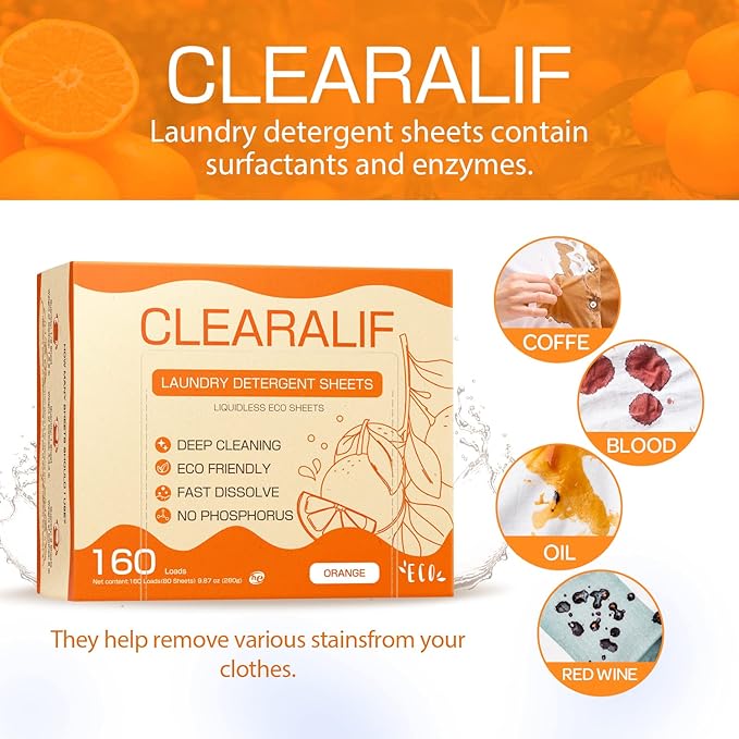 CLEARALIF Laundry Detergent Sheets Up to 160 Loads, Orange - Great For Travel, Apartments, Dorms,CLEARALIF Laundry Detergent Strips Eco Friendly & Hypoallergenic-Ruum Studio Home