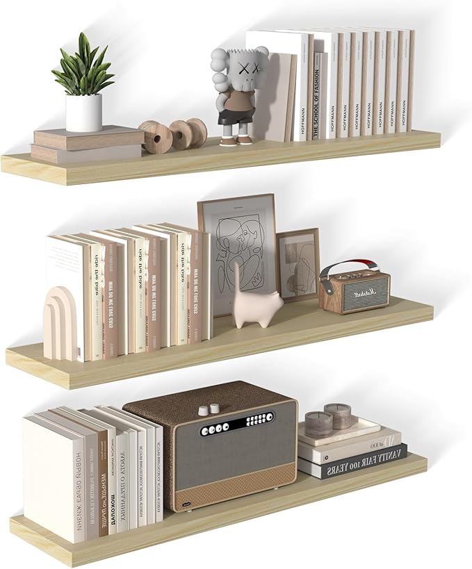 48 Inch Floating Shelf 3 Pack Large Floating Shelves for Wall No Drilling Accessories Included Deep Wall Shelves for Living Room Kitchen Farmhouse 48" W x 12" D x 1.2" Oak-Ruum Studio Home