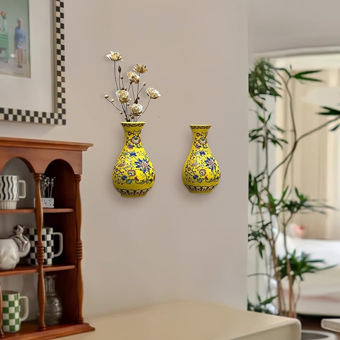 Set of Two Handmade Chinese Blue & White Porcelain Wall Mounted Vases – Chinoiserie Ceramic Flower Vase for Indoor Home Décor, Wall Hanging Vases for Living Room & Bookshelf-Ruum Studio Home