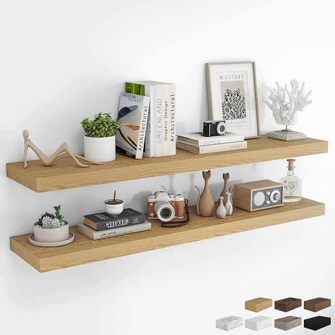 RICHFOCUS 55Inch Floating Shelves for Wall 2 Pack Shelves for Bedroom|Kitchen|Bathroom Wall Mounted Rustic Wood Floating Shelf with Invisible Brackets for Books|Storage|Decor, Oak-Ruum Studio Home