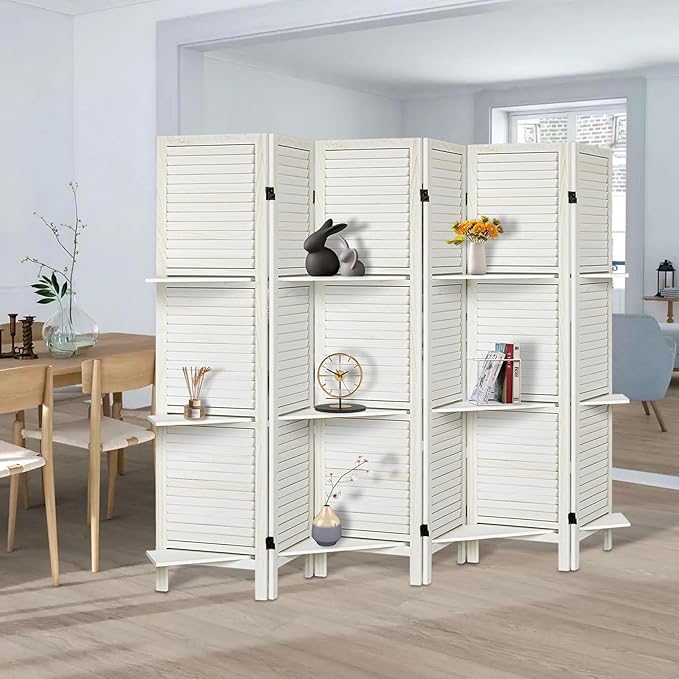Room Divider with Shelves, Privacy Screen, Room Dividers and Folding Privacy Screens, 6 Panel Wood Temporary Wall Partition Separation Separator, White-Ruum Studio Home