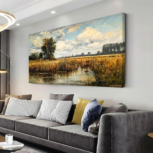 LASMOND Beautiful Wilderness Meadow Canvas Wall Art Oil Painting Reproduction Print Vintage Wildflower Field Scenery Countryside Landscape Tree Rustic Retro Decor Artwork Country Farmhouse Living Room 24x48 Inches-Ruum Studio Home