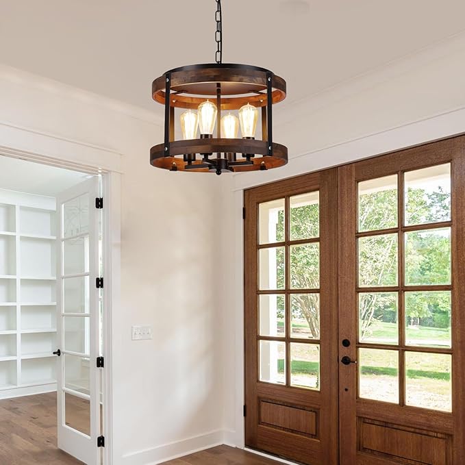 4-Light Large Rustic Farmhouse Plug in Pendant Light Fixture with Adjustable Chain, Dimmable Switch, 16.5 inch Oak Wood Drum Hanging Lamp for Dining Room Living Room Farmhouse Entry, Black-Ruum Studio Home