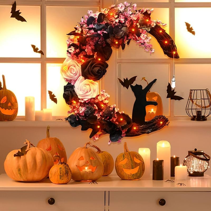 Halloween Wreaths for Front Door with Lights, Black Cat on Moon Garland with Rose Wreath Decor, Halloween Decorations Crescent Moon Wreath for Home Party Window Wall Indoor Outdoor (pink moon cat)-Ruum Studio Home