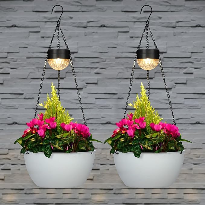 2 Packs Solar Hanging Basket Planters for Plants Outdoor, Self Watering White Flower Plants Pots with Solar Light Drainer for Balcony Patio Garden Outdoor Decoration-Ruum Studio Home
