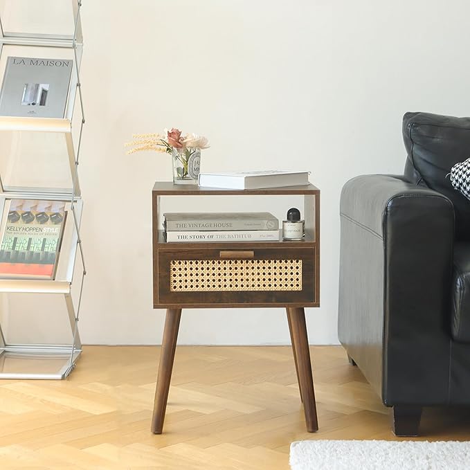 MaxSmeo Small Nightstand with Charging Station, Rattan Side Table Mid Century Modern Bedside Table for Bedroom, Living Room and Small Spaces, Solid Wood Legs (Rustic Brown)-Ruum Studio Home