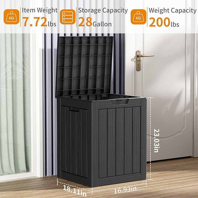 28 Gallon Deck Box Large Outdoor Storage for Patio Furniture,Outdoor Cushions,Garden Tools and Pool Supplies,Waterproof,Resin,Lockable(Black)-Ruum Studio Home