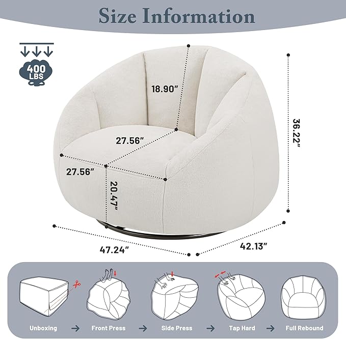 Giant Bean Bag Swivel Chair for Adults - Comfy Plush Round Shell Soft Accent Chair, Oversized Cozy Floor Sofa for Living Room, Bedroom & Game Rooms, Beige-Ruum Studio Home