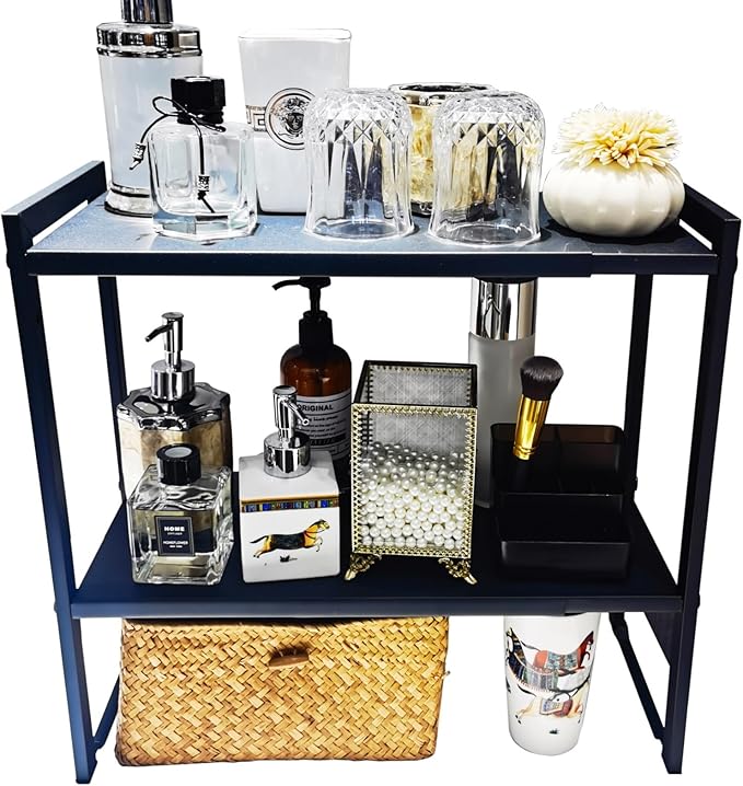 2 Tier Expandable Cabinet Shelf Organizer 14.5-25" L Kitchen Counter Shelf Rack Stand Sink Riser Countertop Storage Black (Normal 7.9”D)-Ruum Studio Home