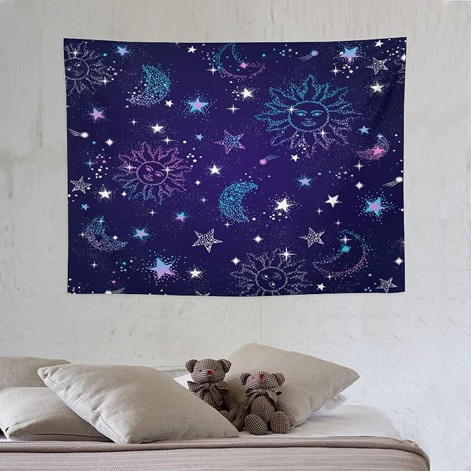 HZOHNAGO Boho Sun Moon Tapestry Purple Blue Sun Stars Galaxy Pattern Printed Wall Tapestry Wall Hanging for Bedroom Living Room Dorm 40" W x 30" H-Ruum Studio Home