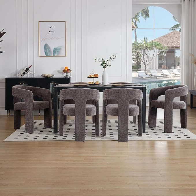 Charcoal Grey Chenille Dining Chairs Set of 2, Modern Barrel Dining Room Chairs Upholstered Accent Chair with Arms and Round Back for Living Room Kitchen Armchair No Assembly Needed-Ruum Studio Home