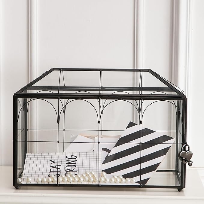 Wedding Card Box with Slot, 12.6'' Large Glass Card Boxes for Reception, Black Geometric Holder, Clear Decorative Storage Box with Lock for Baby Shower, Birthday Party, Christmas, Bridal Shower-Ruum Studio Home