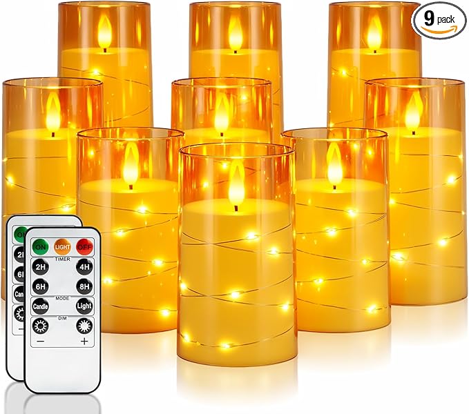 Homemory 9 Pcs Flameless Candles with Embedded Star String Fairy Lights, Battery Operated Candles, LED Candle, Fake Candles with Remote Control and Timer (Gold)-Ruum Studio Home