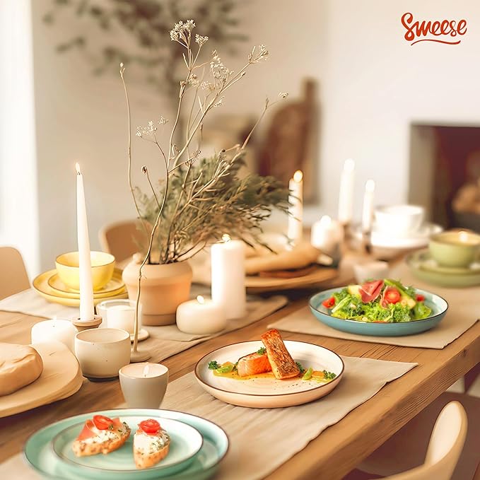 Sweese Plates and Bowls Sets, 18 Piece Dinnerware Set Porcelain Round Dinner Set for 6, Scratch Resistant Dishes Set, Dishwasher and Oven Microwave Safe Handpainted Swirl Dishware Sets, Assorted Green-Ruum Studio Home