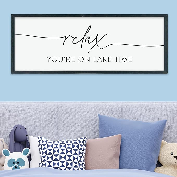Relax You're On Lake Time Sign Wall Decor 40"×15" Lake House Bedroom Large Wood Framed Hanging Wall Art (Black)-Ruum Studio Home