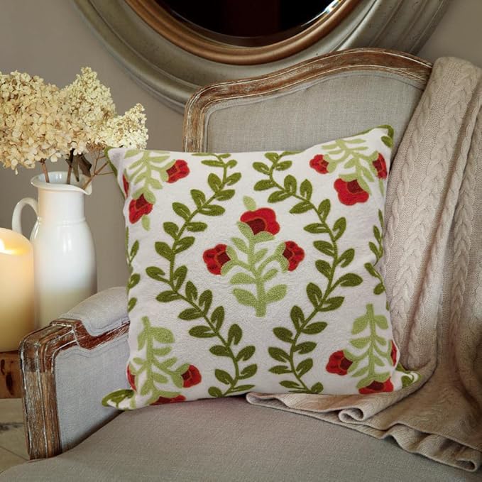 Alysheer Floral Embroidered Summer Decorative Throw Pillow Cover 18"x 18", Farmhouse Cottage Red Flowers Green Leaves Knit Pattern Cotton Canvas Cushion Case for Sofa Couch Bed Living Room Decor-Ruum Studio Home