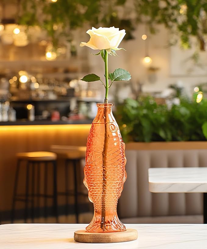 Nacome Fish Vase Glass Plant Terrarium with Wooden Stand,Planter Propagation Station for Home Office Hydroponics Desk Decoration,Unique Gardening Gifts for Plant Lovers Women Mom(Orange)-Ruum Studio Home