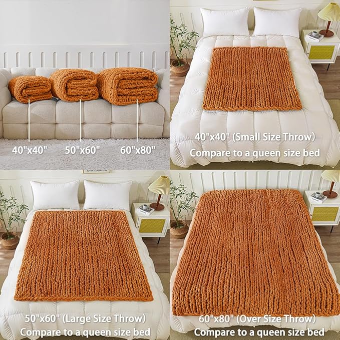 WESHIONGOO Chunky Knit Blanket Throw 40"×40" Knitted Throw Blankets for Couch Bed Fall Throw Blanket Fluffy Soft Blanket with Jumbo Chenille Yarn Thick 100% Handmade (Burnt Orange)-Ruum Studio Home