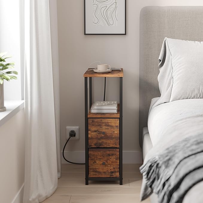 TUTOTAK Small Narrow LED End Table with Charging Station, Side Table Outlets, Nightstand with 2 Cloth Drawers, Couch Table, for Living Room, Bedroom, Bedside, Brown TB01BB085L-Ruum Studio Home