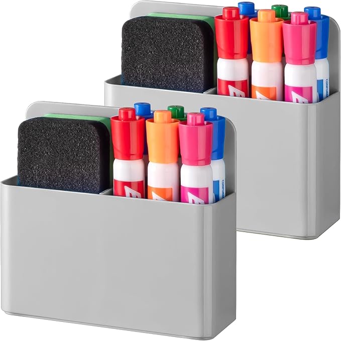 BEYGORM 2 Pack Plastics Magnetic Pen Holder for Refrigerator, Dry Erase Marker Holder for Whiteboard，Magnet School Locker Organizer Accessories, Pencil Cup, Pen Caddy, Classroom Organization(Grey)-Ruum Studio Home