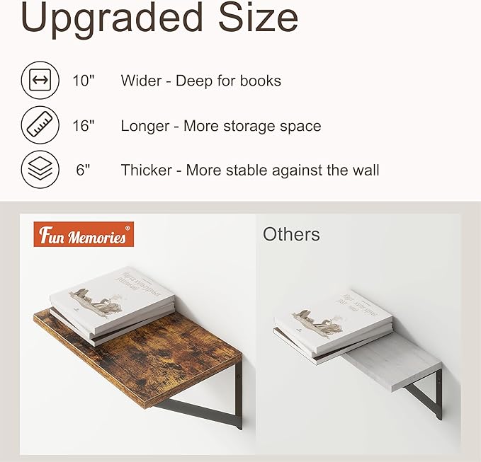 10 Inch Deep Floating Shelves, Floating Shelf 16 Inch Long, 16"W x 10"D Wall Shelves Set of 2, Deep Shelf for Books, Wide Floating Shelves for Bahtoom, Living Room, Kitchen, Rustic Brown-Ruum Studio Home