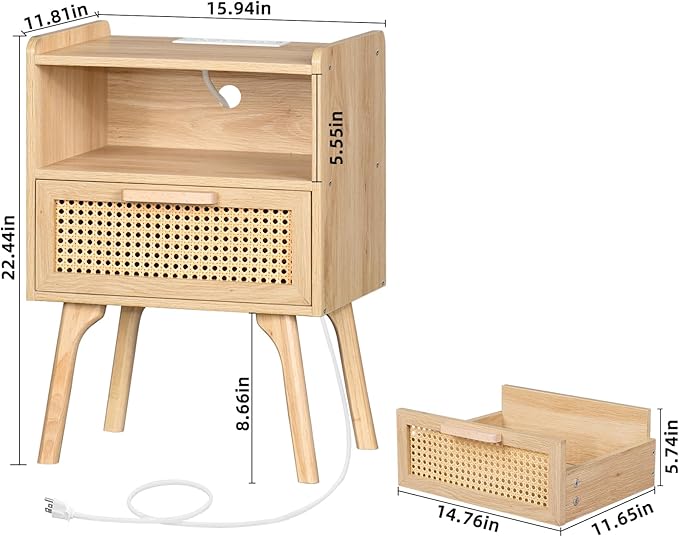 Lerliuo Rattan Nightstands Set of 2 with Charging Station, Boho Night Stand with Handmade Natural Rattan Drawer and Open Shelf, Side End Tables with Solid Wood Legs for Bedroom, Dorm, Small Spaces-Ruum Studio Home