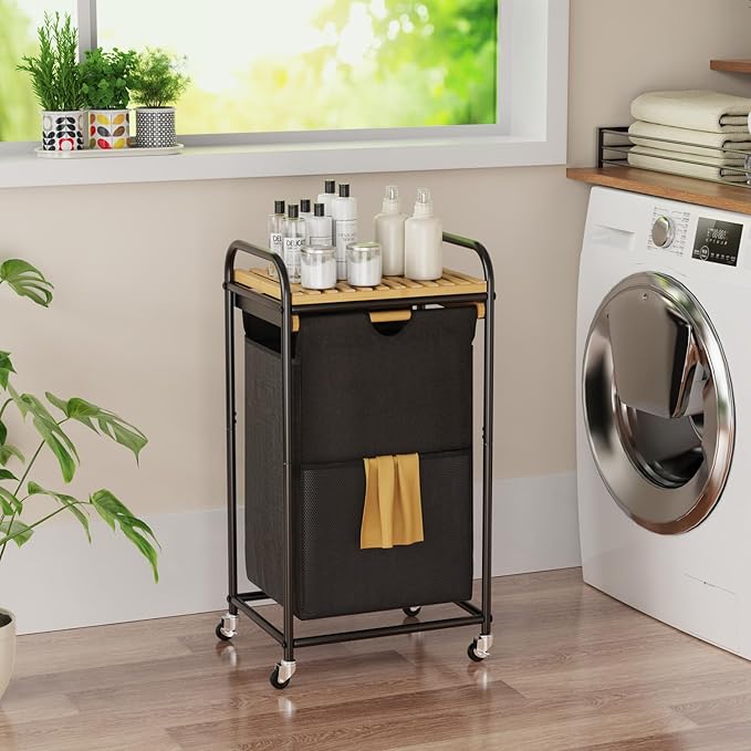 Laundry Hampers 1 Section, Laundry Sorter with Removable Shelf and Pull-Out Bags, Clothes Hampers with Wheels Rolling Cart Basket for Laundry Room Bathroom, 50 L (Black)-Ruum Studio Home