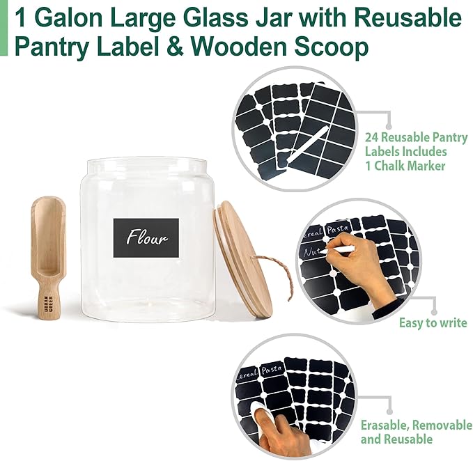 Urban Green Glass Jars with Airtight Lids, Airtight Glass Canisters with Locking Lids, (Bamboo-1Gal)-Ruum Studio Home