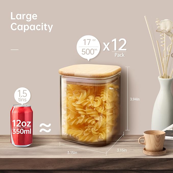 Square Glass Jars with Bamboo Lids 17 FL OZ [Set of 12], Glass Canisters with Airtight Lids, Glass Food Storage Containers for Spice, Sugar, Tea, Candies, Cookies, Best for Kitchen & Pantry-Ruum Studio Home