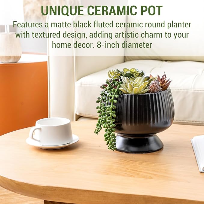 MyGift 8 Inch Modern Green Artificial Succulent Arrangement Potted in Matte Black Fluted Ceramic Round Planter, Decorative Plant Pot with Assorted Faux Mini Succulents-Ruum Studio Home