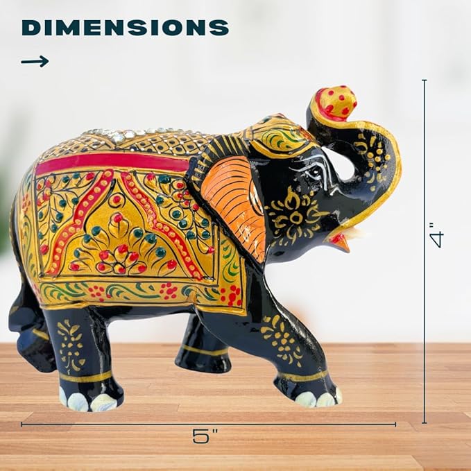 Handcrafted Wooden Elephant Figurine – Traditional Artwork, Gold & Gemstone Embellishments – Lucky Decorative Elephant Statue for Prosperity | Beautiful Elefantes Decorativos para Sala (Black & Gold)-Ruum Studio Home