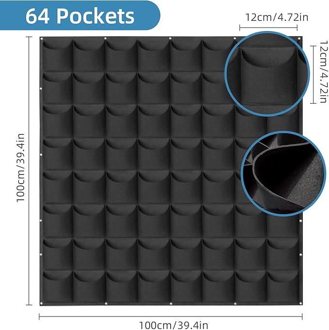 64 Pockets Hanging Planter Bags, Hanging Vertical Wall Mounted Plant Planting Grow Bags, Herb Garden Planter Outdoor Indoor Growing Bag, Gardening Vertical Greening Flower Container(1m×1m, Black)-Ruum Studio Home