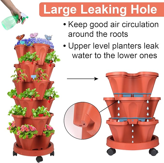 Vertical Planter, 6 Tier Stackable Strawberry Planter with Garden Tool Set, Movable Indoor/Outdoor Garden Herb Pot for Growing Vegetables and Succulents, Red-Ruum Studio Home