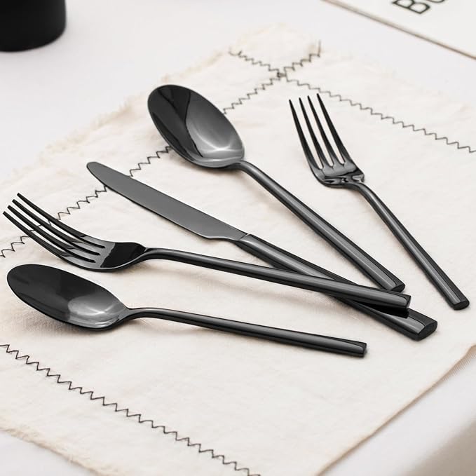 KINGSTONE Black Silverware Set, 20-Piece Forged Flatware Set Cutlery Set Premium Stainless Steel, Service for 4, for Kitchen, Home, Wedding, Party, Mirror Polished and Dishwasher Safe-Ruum Studio Home