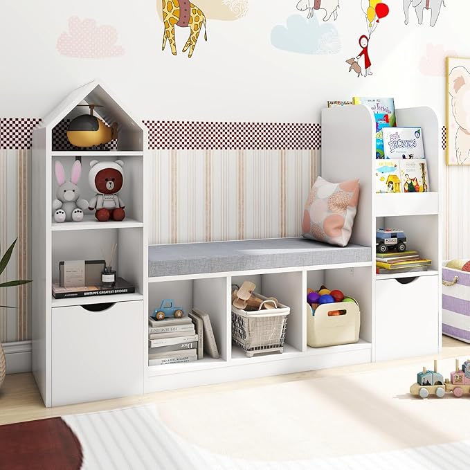 Vabches Kids Bookcase and Bookshelf with Reading Nook, Multifunctional Bookcase with 7 Storage Cubbies 2 Movable Drawers, Bookcases with Seat Cushion for Toy Storage Organizer Children's Room, Bedroom-Ruum Studio Home