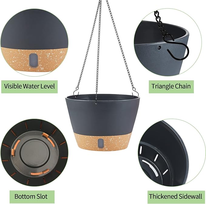 2 Pack Hanging Planters for Indoor Outdoor Plants, 10 Inch Hanging Flower Pot Basket with Drainage Hole with Removable Tray&Hooks Self Watering Plant Pot for Hanging Plants, Dark Grey-Ruum Studio Home